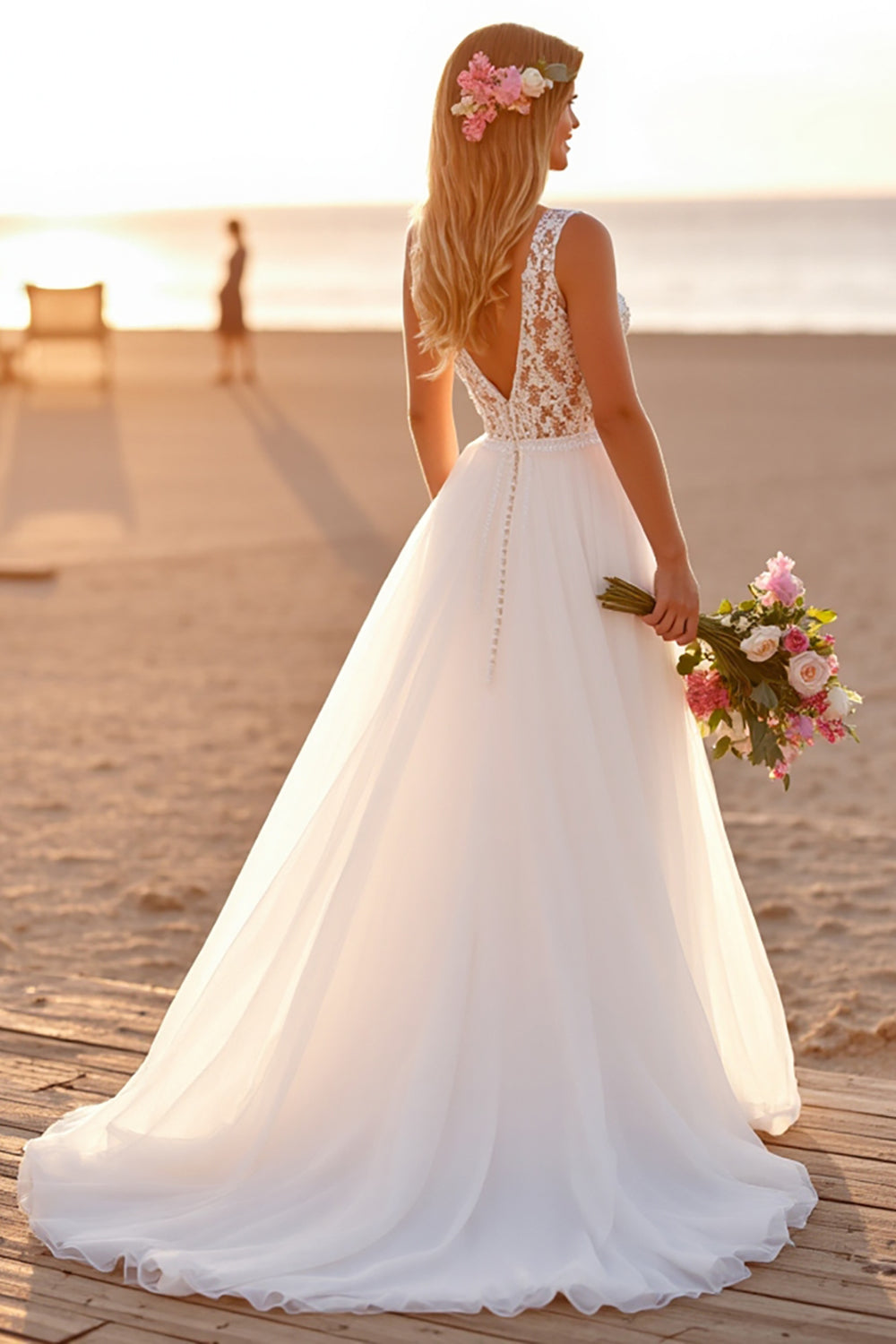 Chiffon Boho White Sweep Train Wedding Dress with Lace