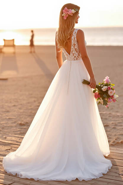 Chiffon Boho White Sweep Train Wedding Dress with Lace