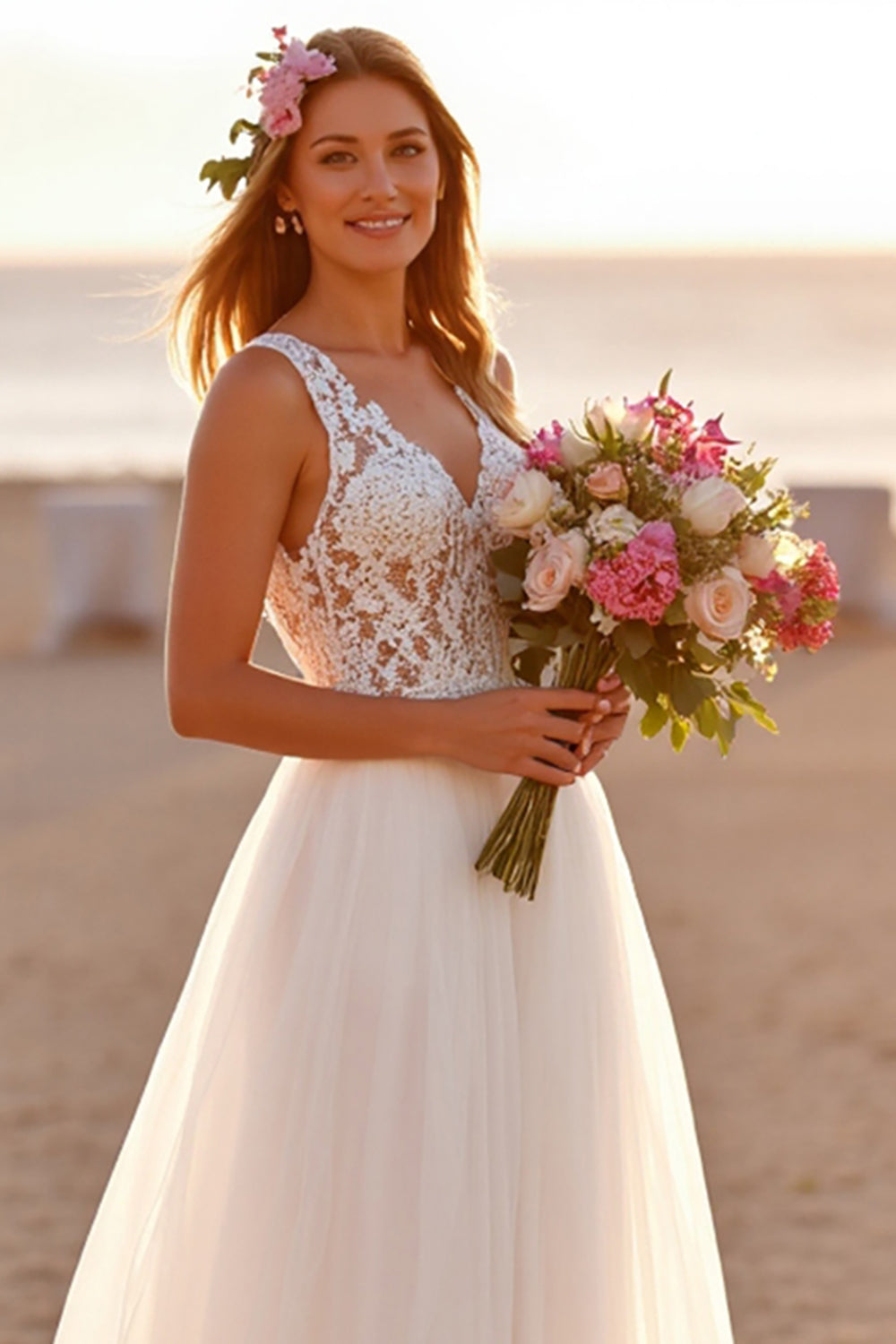Chiffon Boho White Sweep Train Wedding Dress with Lace
