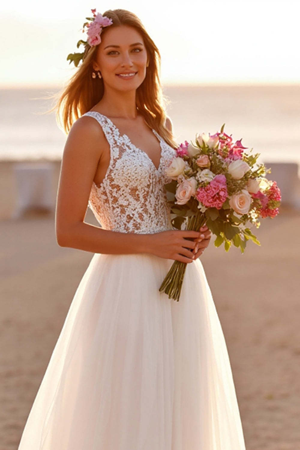 Chiffon Boho White Sweep Train Wedding Dress with Lace