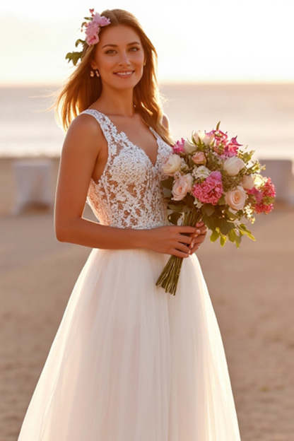 Chiffon Boho White Sweep Train Wedding Dress with Lace