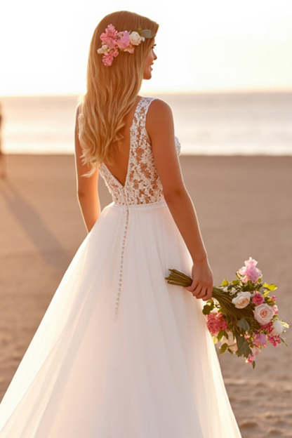 Chiffon Boho White Sweep Train Wedding Dress with Lace