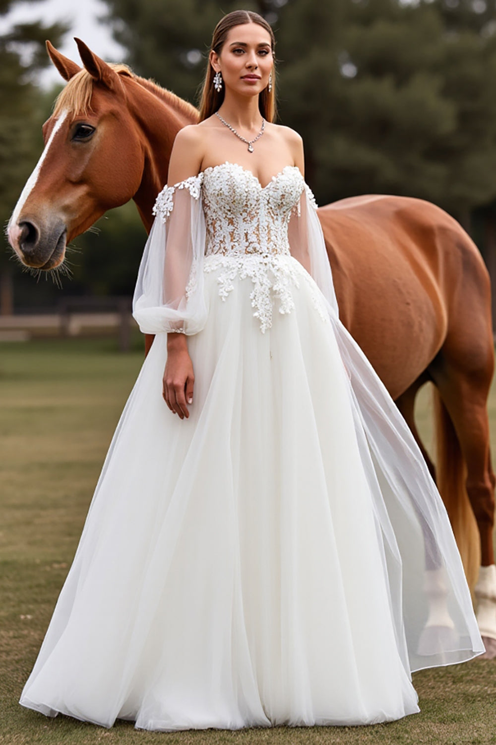 Tulle Latern Sleeves Ball Gown White Wedding Dress with Appliques