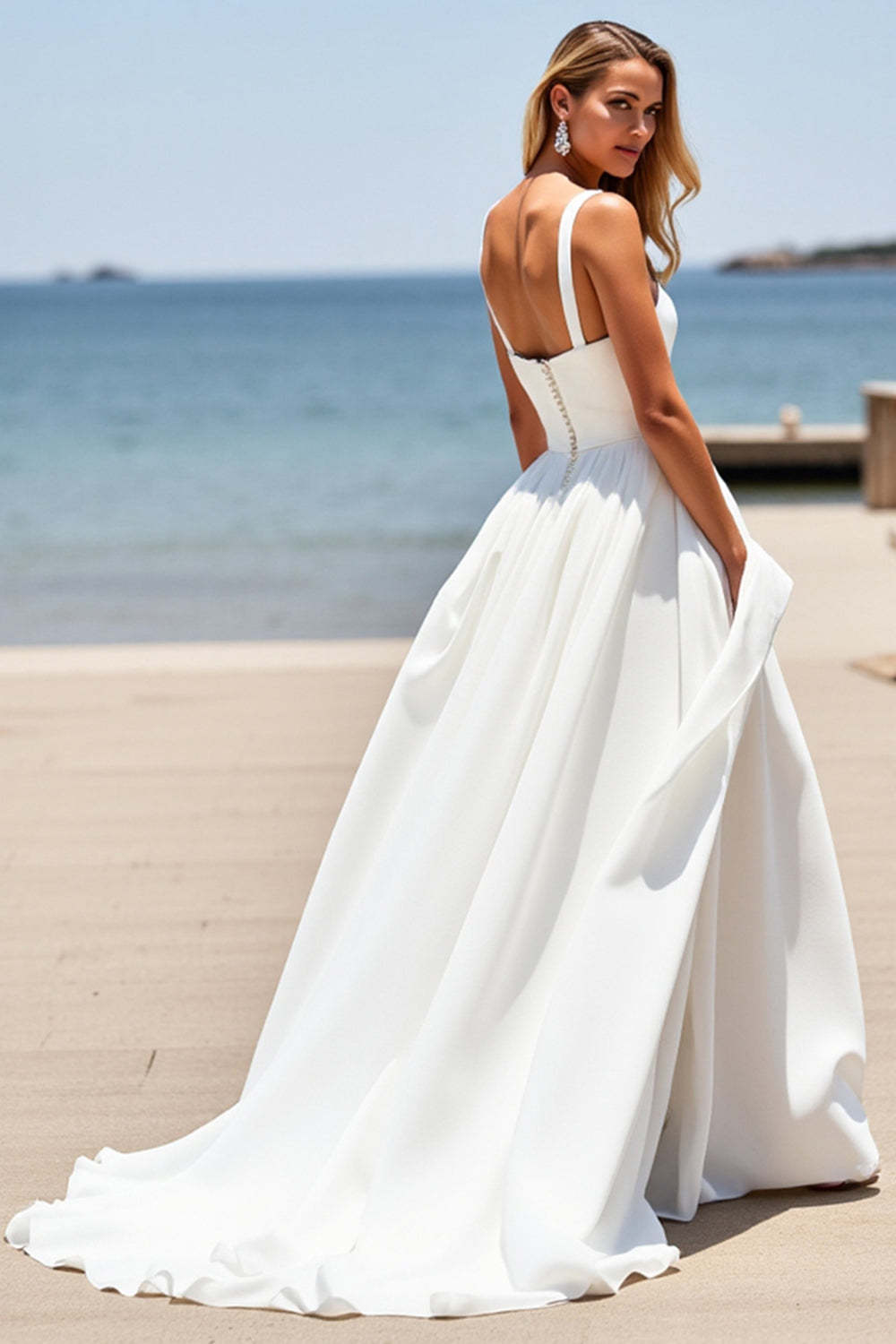 Square Neck Satin White Boho Sweep Train Wedding Dress