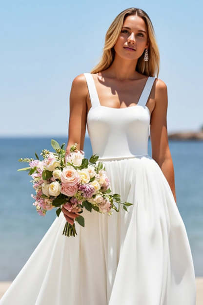 Square Neck Satin White Boho Sweep Train Wedding Dress