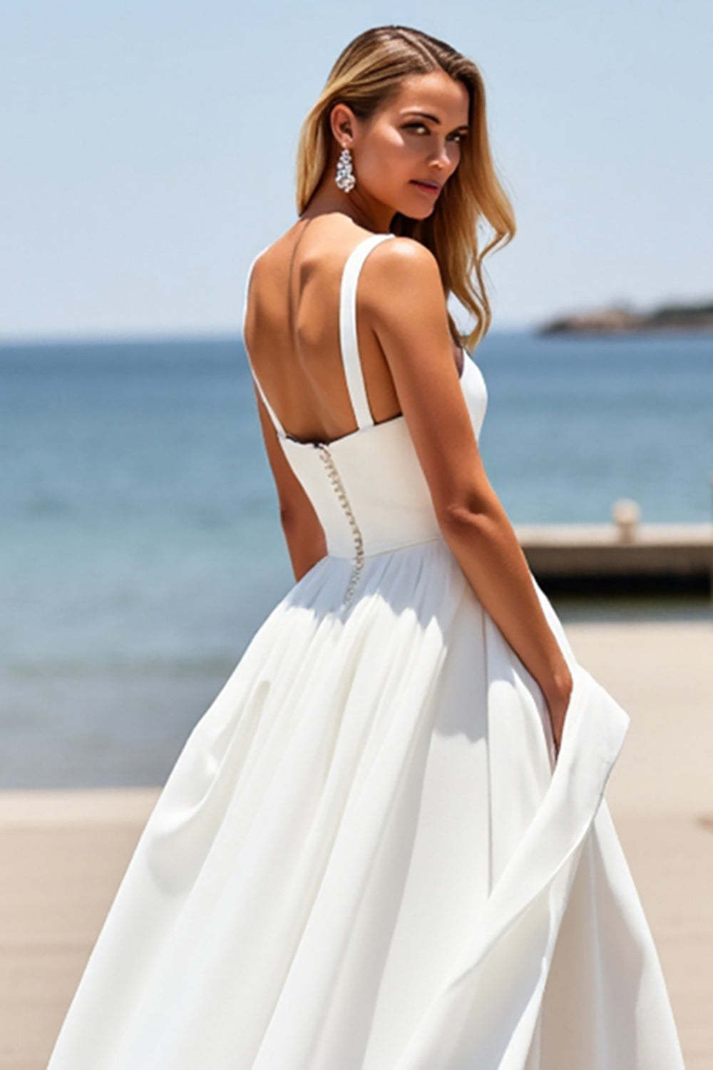 Square Neck Satin White Boho Sweep Train Wedding Dress