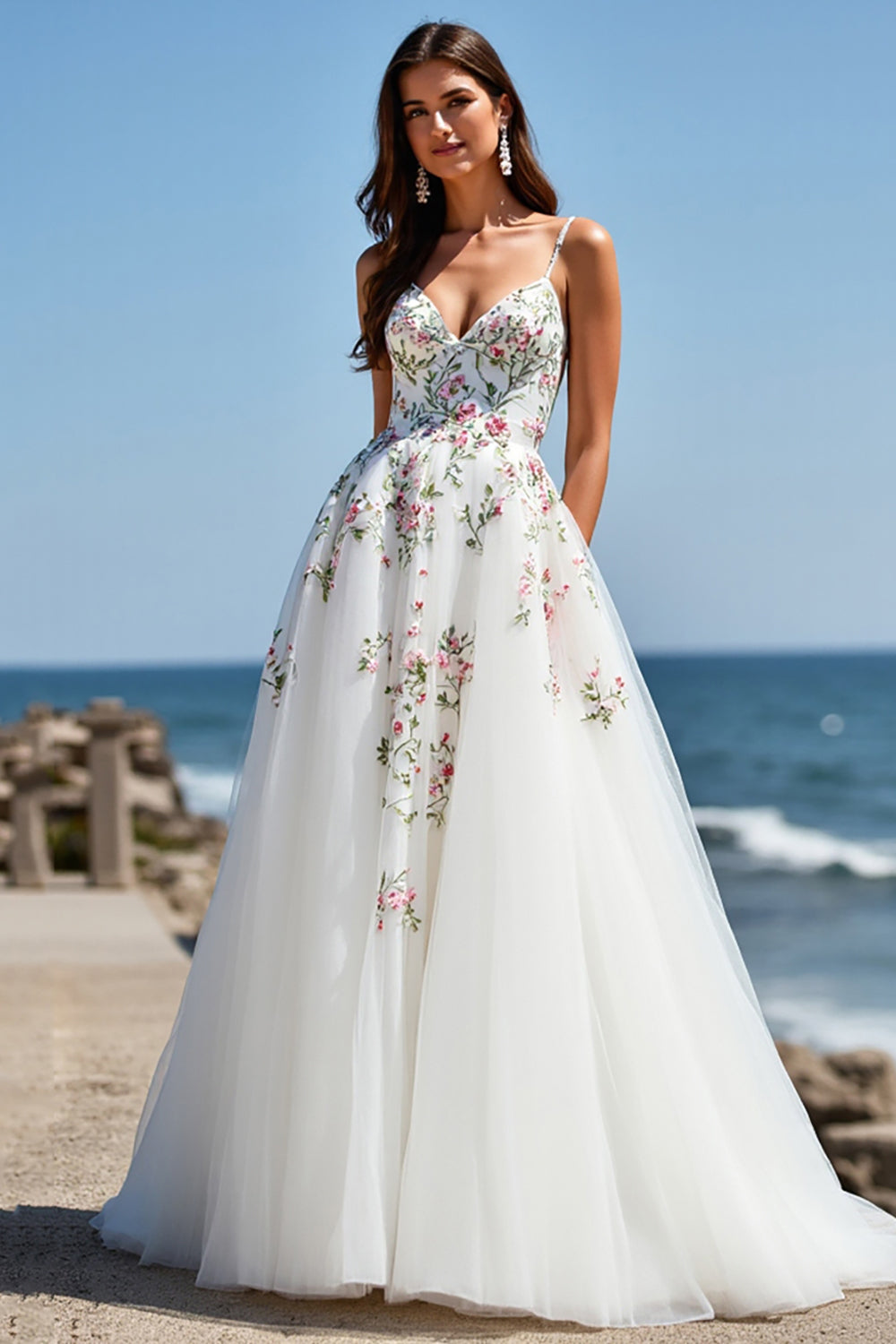 Tulle Ball Gown Floral Sweep White Train Wedding Dress