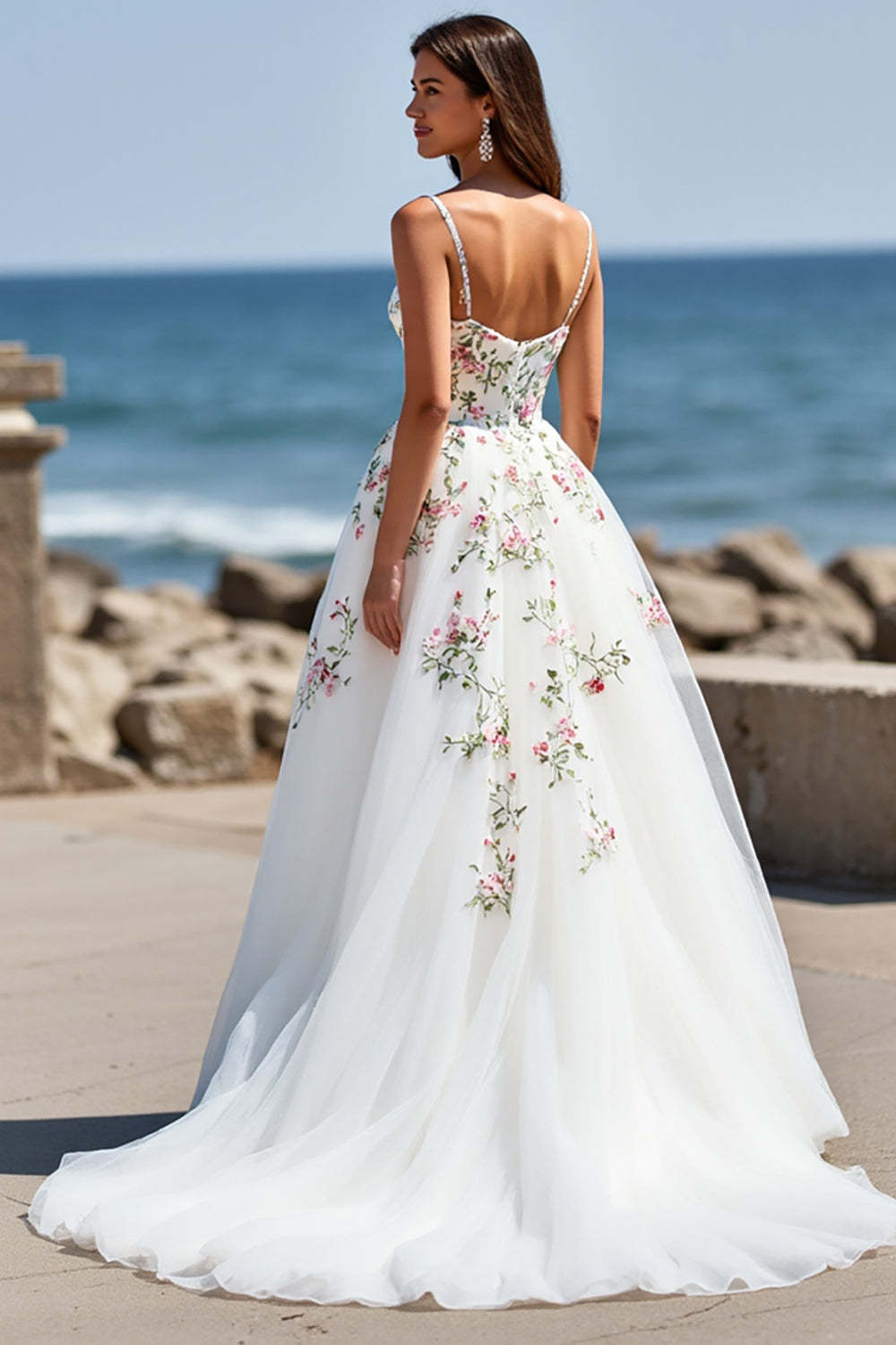 Tulle Ball Gown Floral Sweep White Train Wedding Dress
