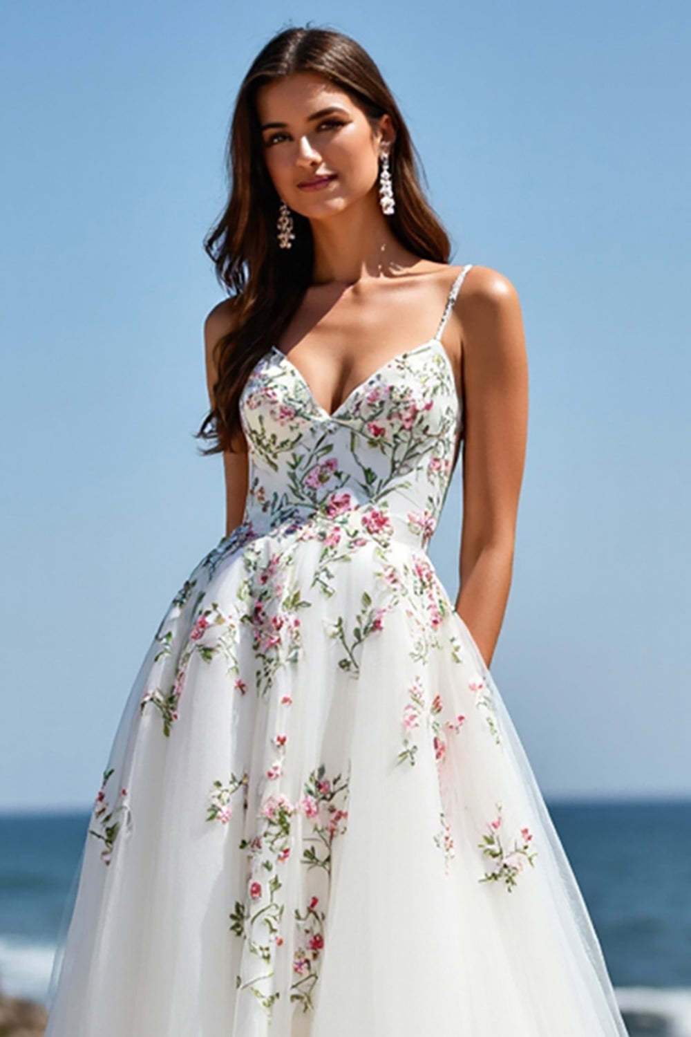 Tulle Ball Gown Floral Sweep White Train Wedding Dress