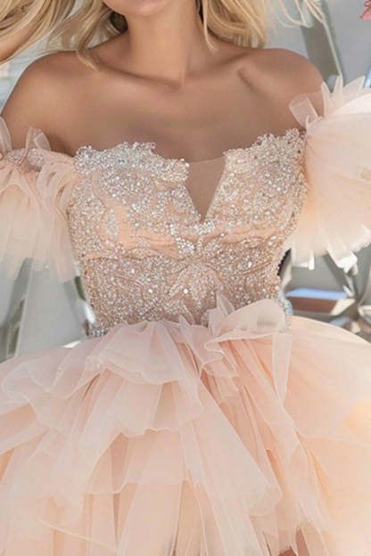 Sparkly Light Pink Tiered Short Homecoming Dress with Appliques