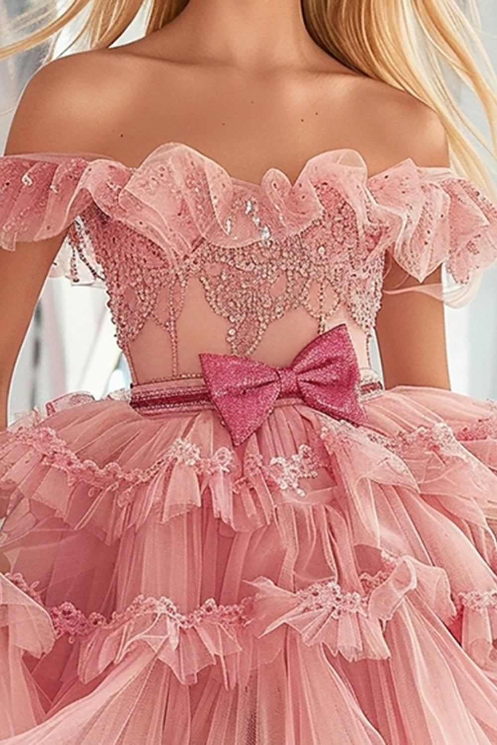Blush Tulle A Line Ruffled Short Homecoming Dress with Appliques