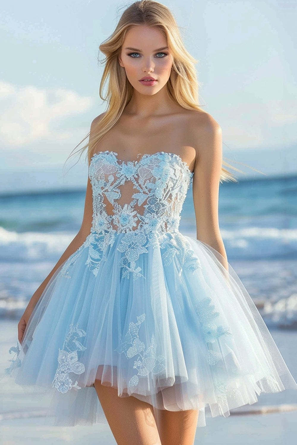 Leely Women Sky Blue Organza Short Homecoming Dress with Appliques Floral Strapless Birthday Dress