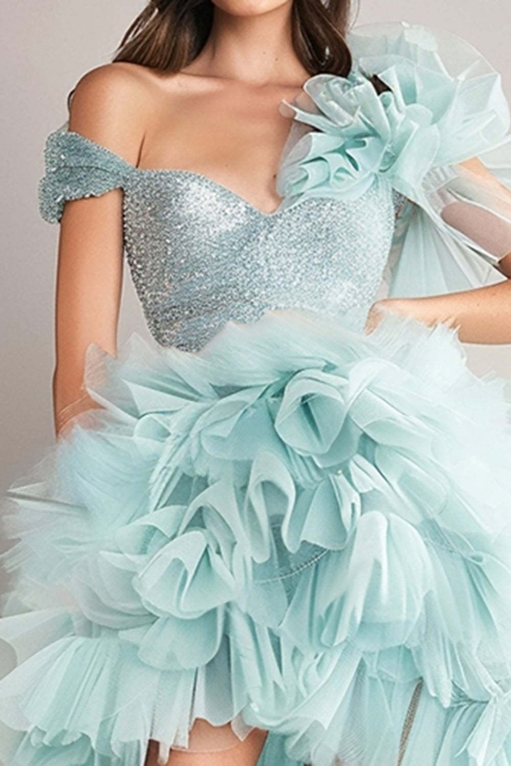 Sparkly Light Green High-Low Homecoming Dress with Ruffles