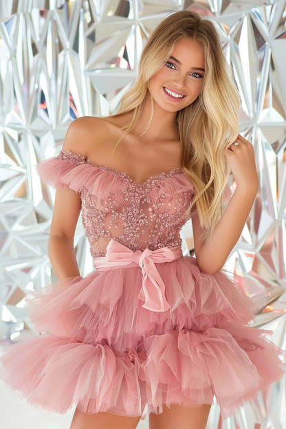 Leely Women Sparkly Blush Tulle Short Homecoming Dress with Beading Off the Shoulder A Line Tiered Tie Front Birthday Dress