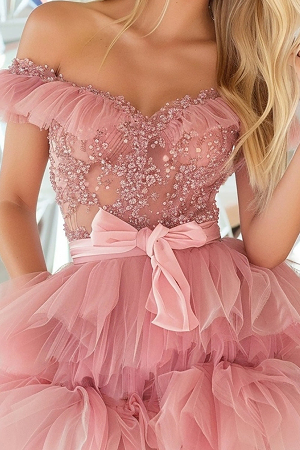 Sparkly Blush Tiered A Line Tulle Short Homecoming Dress with Beading