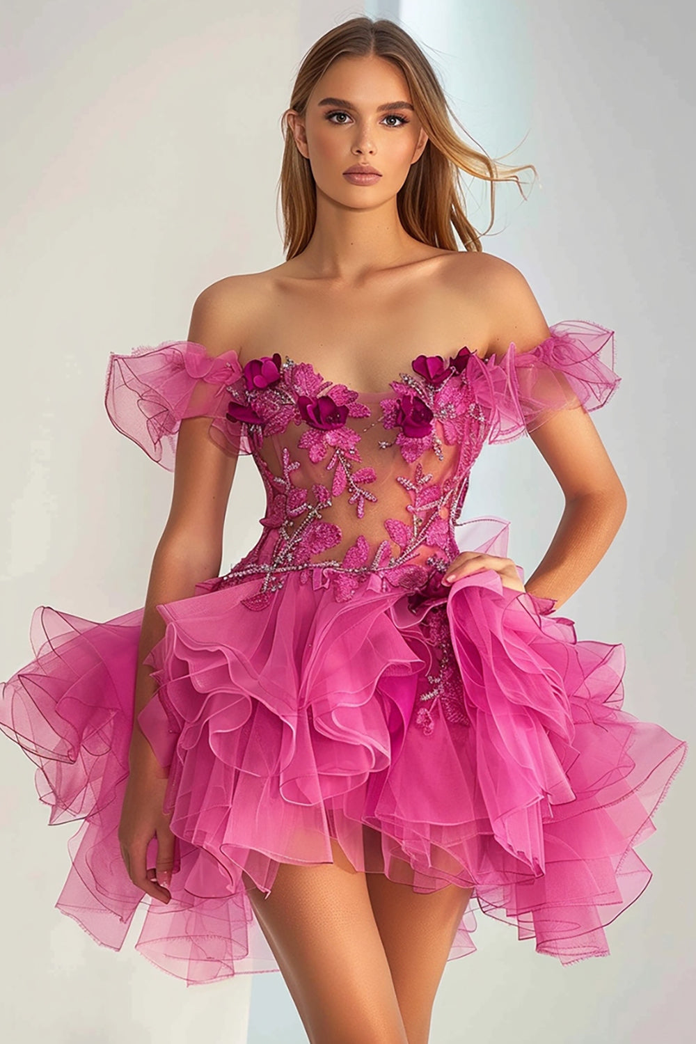 Floral Fuchsia A Line Organza Short Homecoming Dress with Appliques