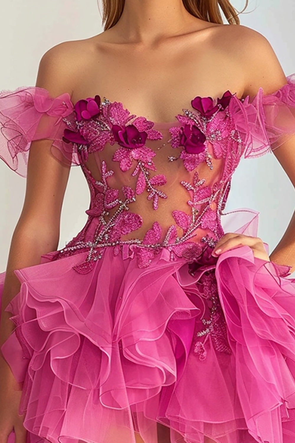 Floral Fuchsia A Line Organza Short Homecoming Dress with Appliques