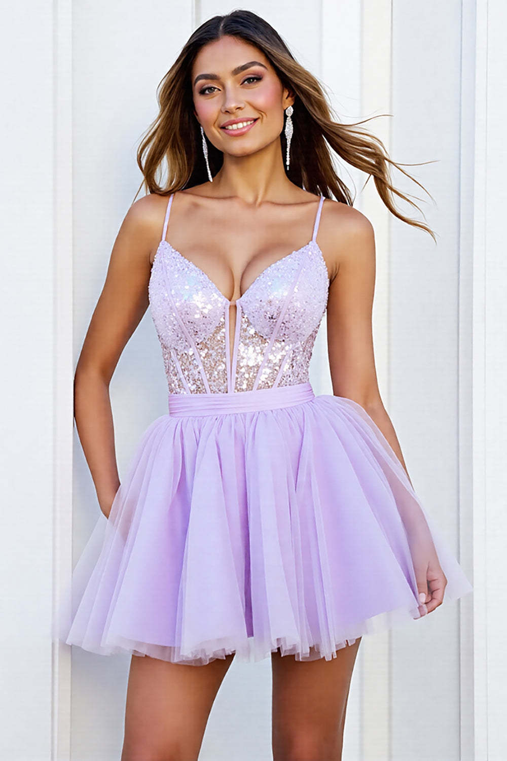 Leely Women Sparkly Lilac Corset Mini Tulle Homecoming Dress A Line Sequin Spagetti Straps Cocktail Dress