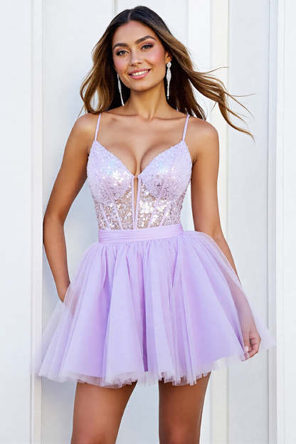 Leely Women Sparkly Lilac Corset Mini Tulle Homecoming Dress A Line Sequin Spagetti Straps Cocktail Dress