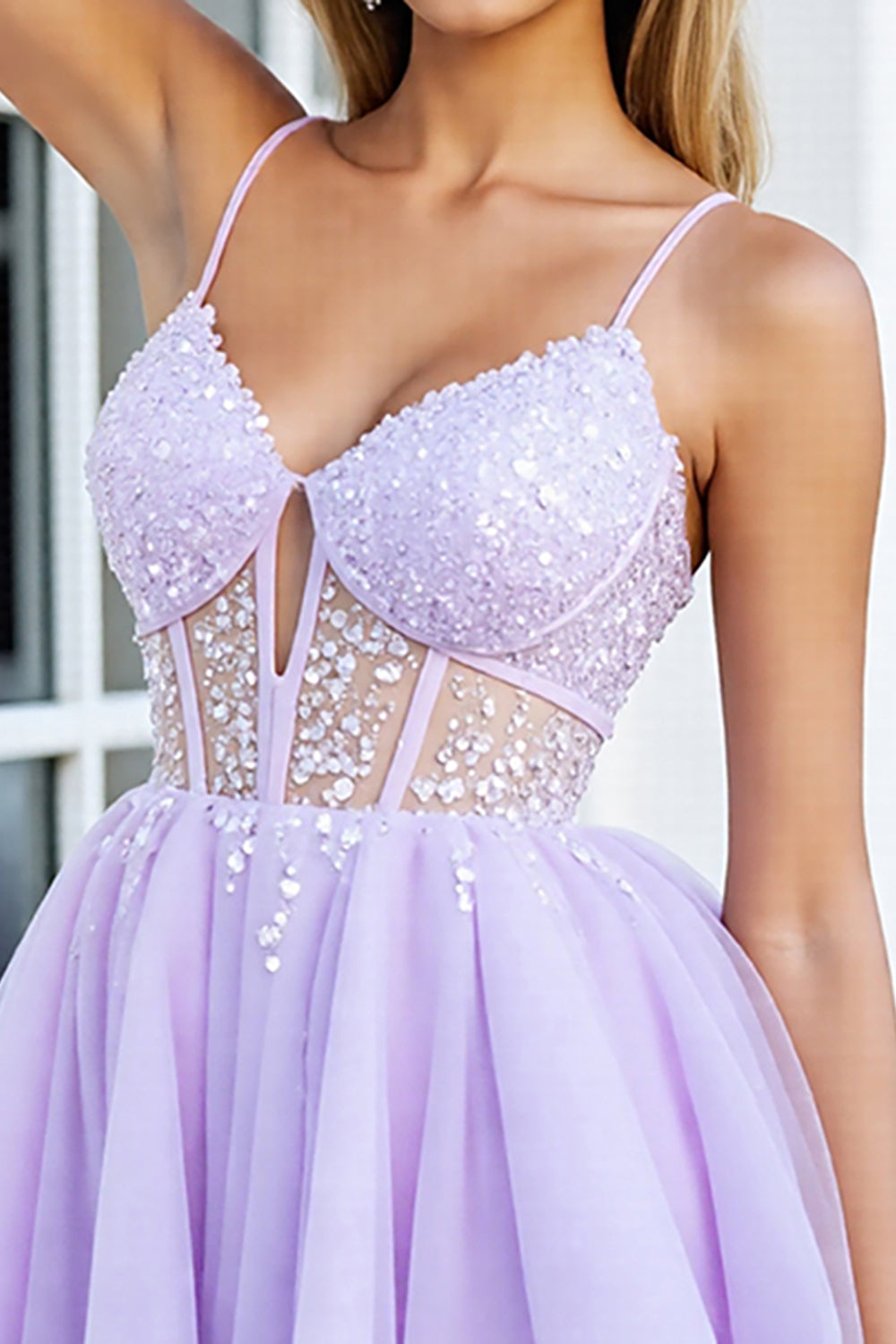 Sparkly Lilac Tulle Corset A Line Keyhole Mini Homecoming Dress
