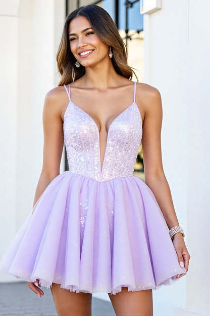 Leely Women Sparkly Lilac Organza Corset Short Homecoming Dress A Line Spaghetti Straps Lace-Up Back Cocktail Dress