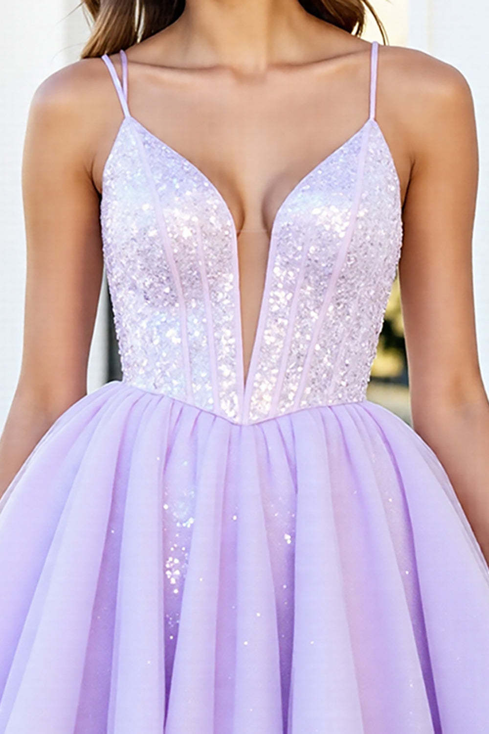 Sparkly Lilac Sequin Organza A Line Short Corset Homecoming Dress