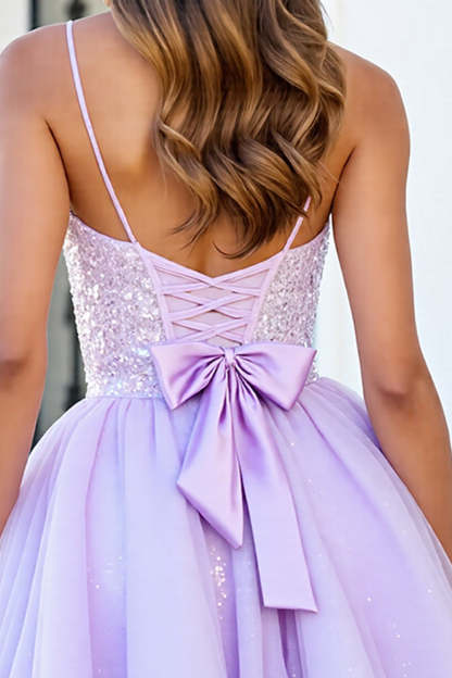 Sparkly Lilac Sequin Organza A Line Short Corset Homecoming Dress