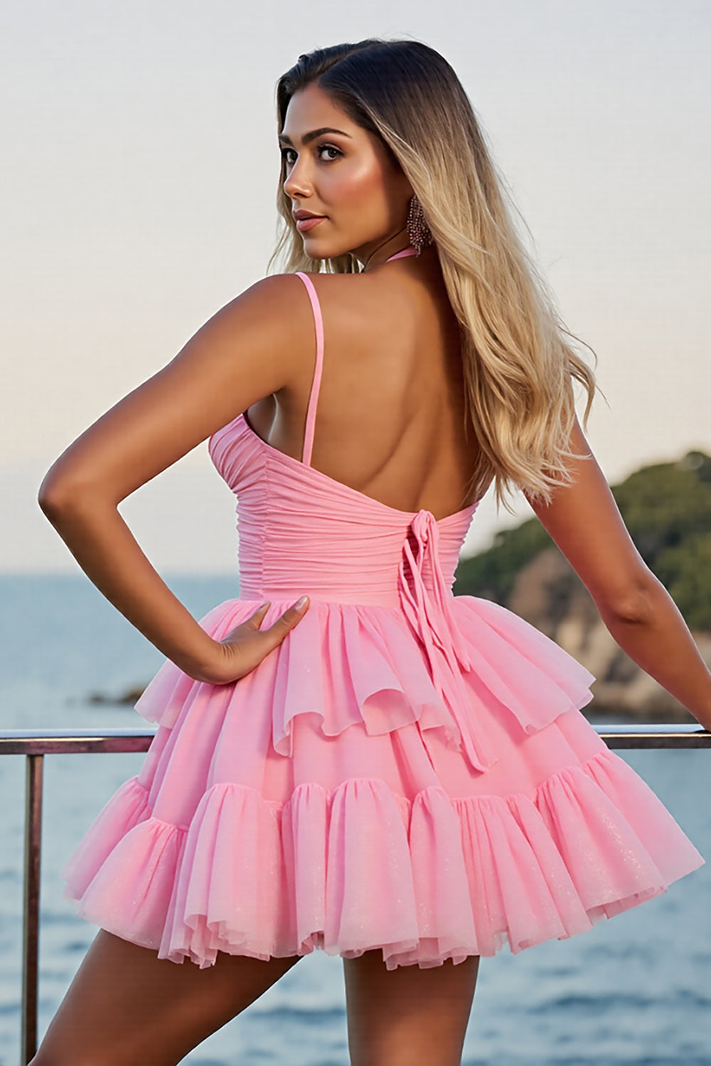 Pink A Line Corset Spaghetti Straps Chiffon Mini Homecoming Dress