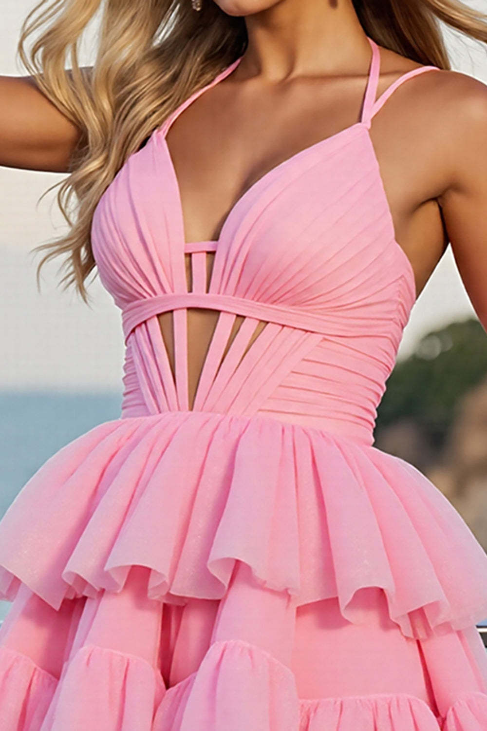 Pink A Line Corset Spaghetti Straps Chiffon Mini Homecoming Dress