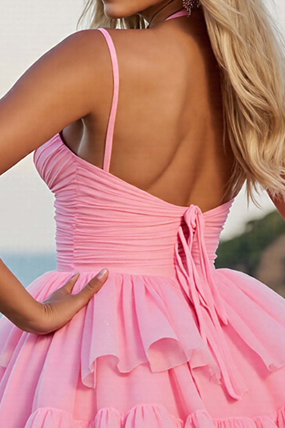 Pink A Line Corset Spaghetti Straps Chiffon Mini Homecoming Dress