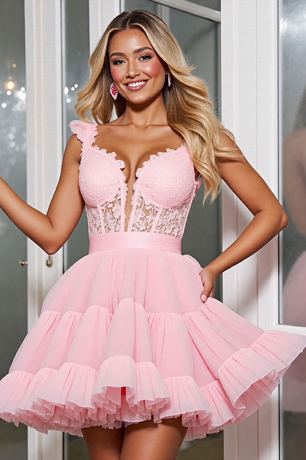 Light Pink A Line Corset Mini Homecoming Dress with Appliques