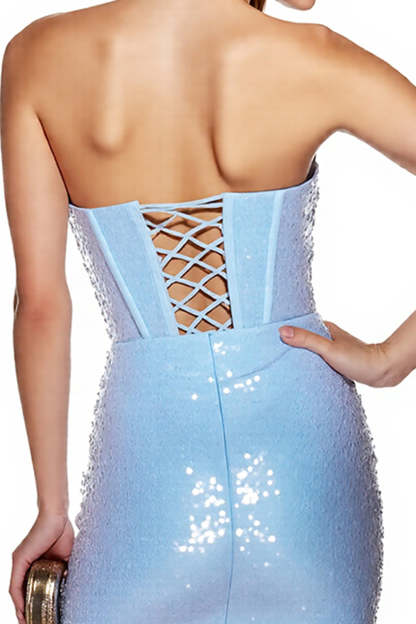 Sparkly Light Blue Corset Bodycon Short Homecoming Dress with Fringes