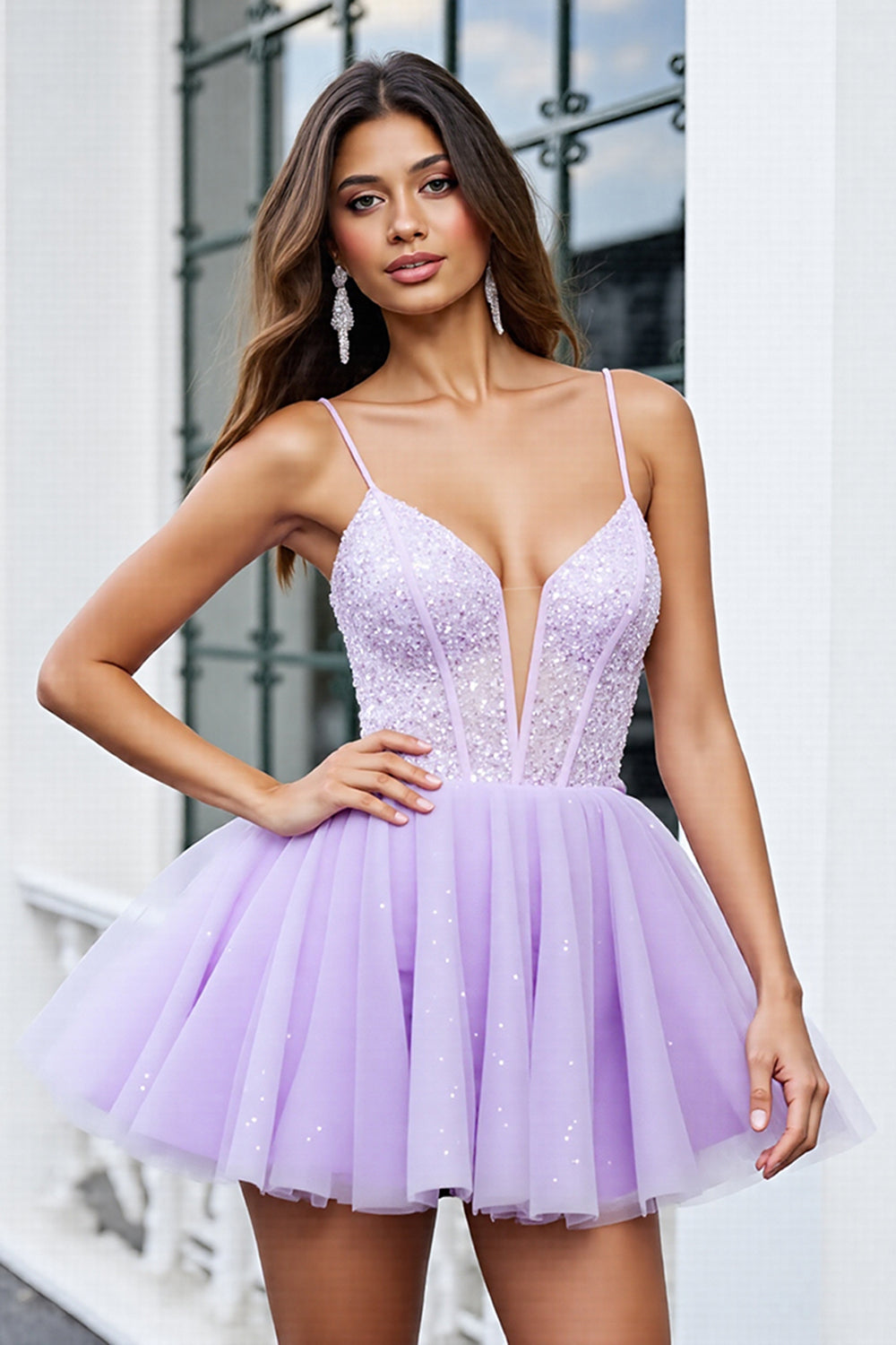 Leely Women Sparkly Lilac Corset Organza Short Homecoming Dress A Line Lace-Up Back Deep V-Neck Cocktail Dress