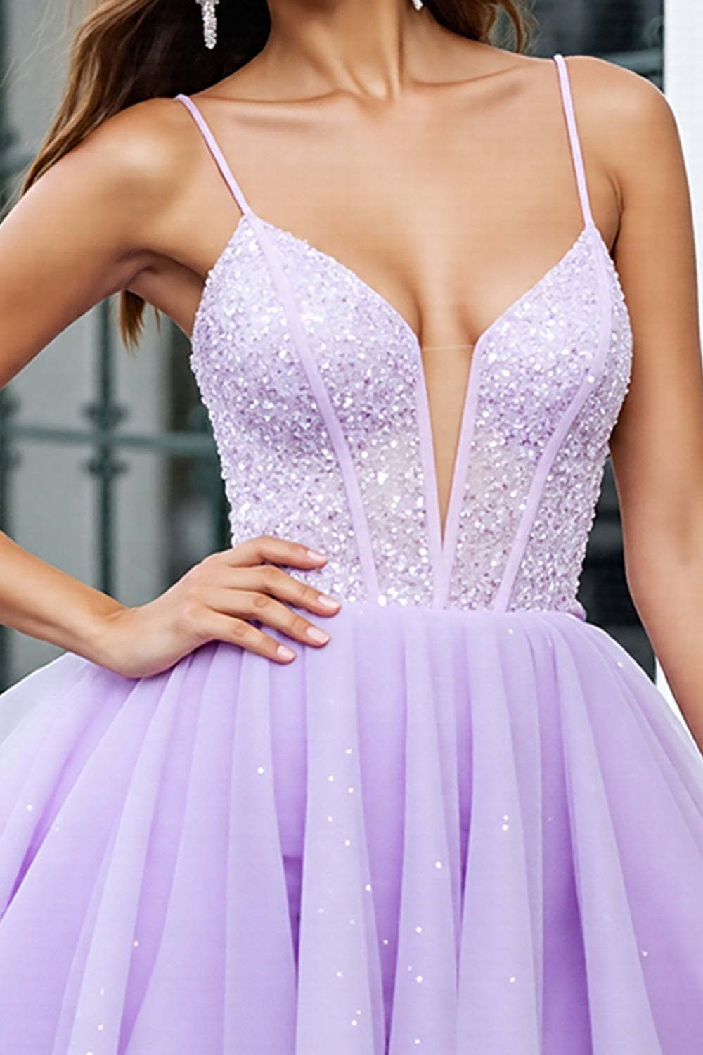 Sparkly Lilac A Line Deep V-Neck Organza Short Corset Homecoming Dress