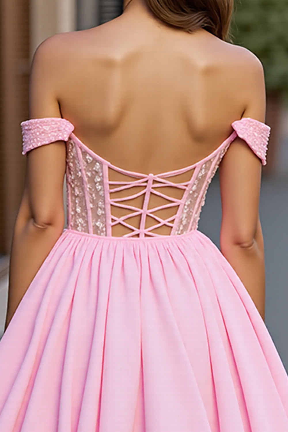 Pink Chiffon A Line Off the Shoulder Mini Corset Homecoming Dress