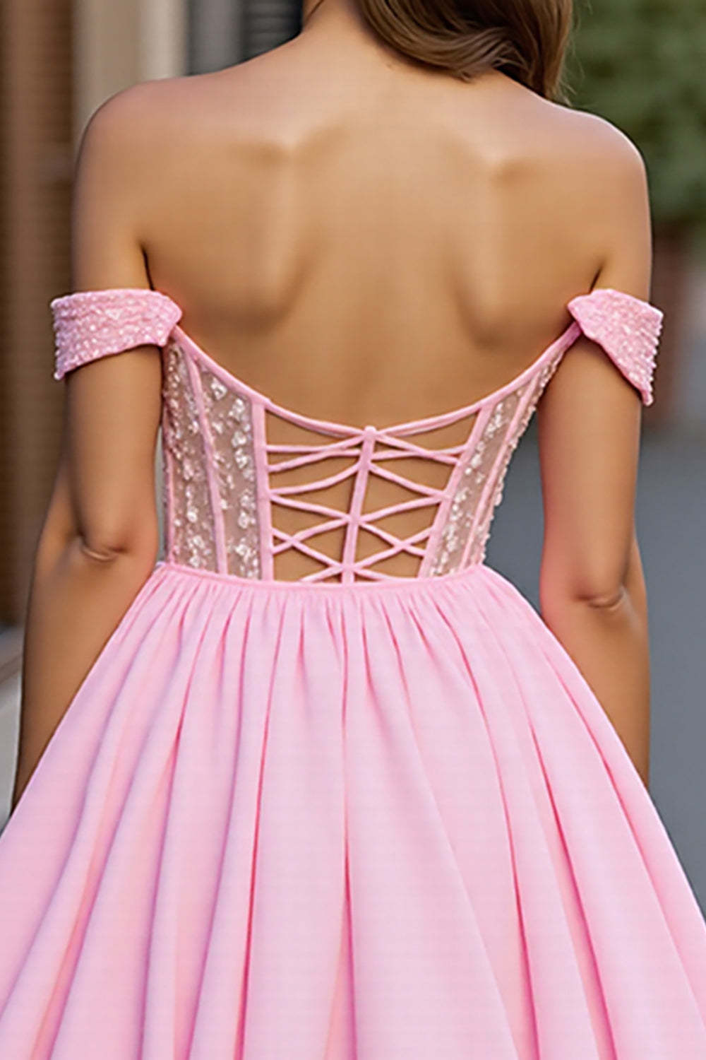 Pink Chiffon A Line Off the Shoulder Mini Corset Homecoming Dress