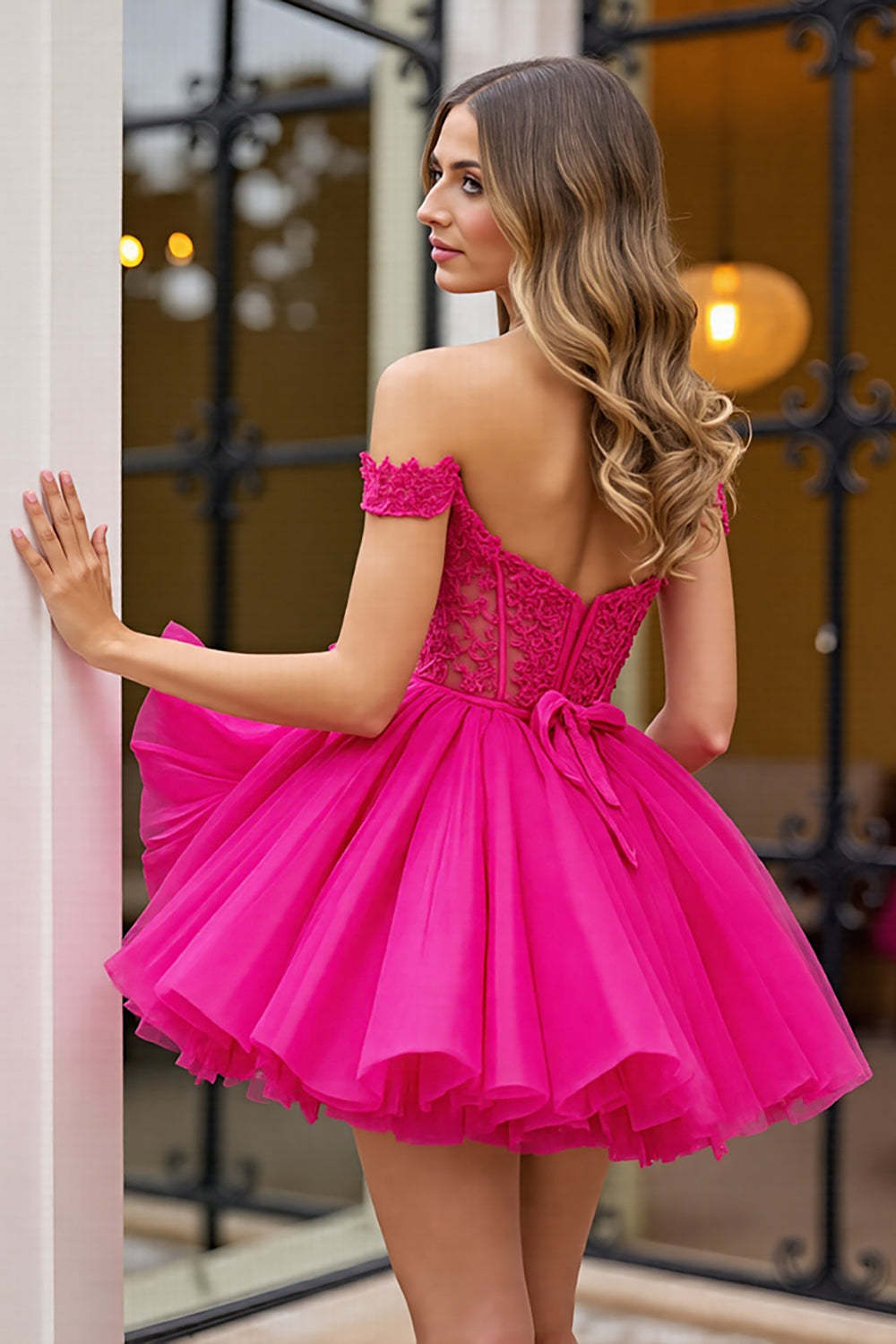 Fuchsia Corset Off the Shoulder Short Homecoming Dress