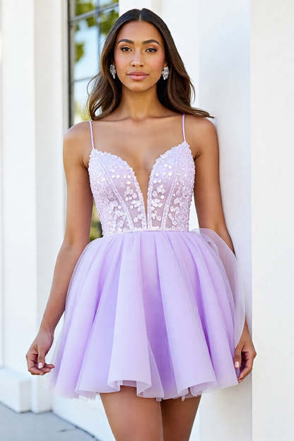 Leely Women Sparkly Lilac Corset Short Tulle Homecoming Dress Lace-Up Back A Line Spaghetti Straps Party Dress with Bow