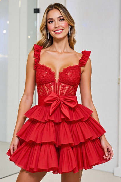 Leely Women Red Corset Short Homecoming Dress with Appliques A Line Tiered Backless Spaghetti Straps Cocktail Dress with Bows