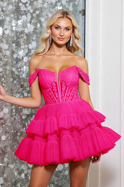 Corset Pink A Line Tulle Mini Homecoming Dress with Appliques