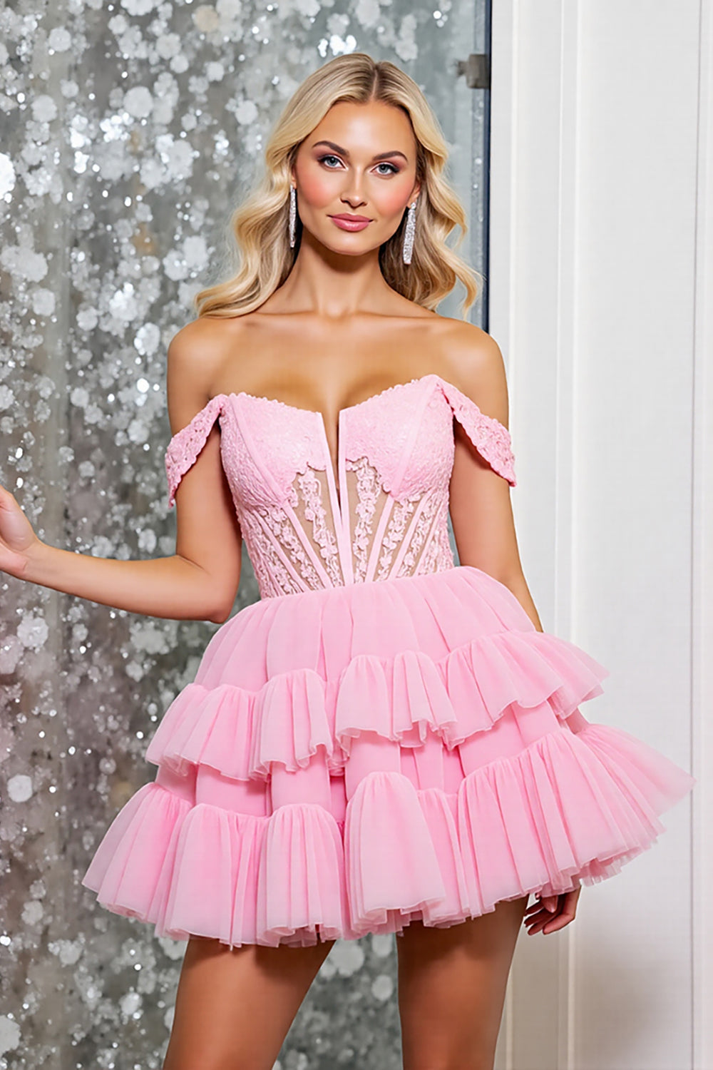 Leely Women Pink Corset Tulle Mini Homecoming Dress with Appliques A Line Off the Shoulder Tiered Birthday Dress