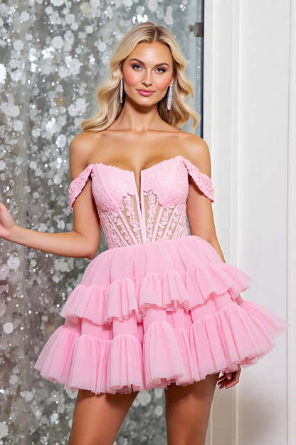 Leely Women Pink Corset Tulle Mini Homecoming Dress with Appliques A Line Off the Shoulder Tiered Birthday Dress