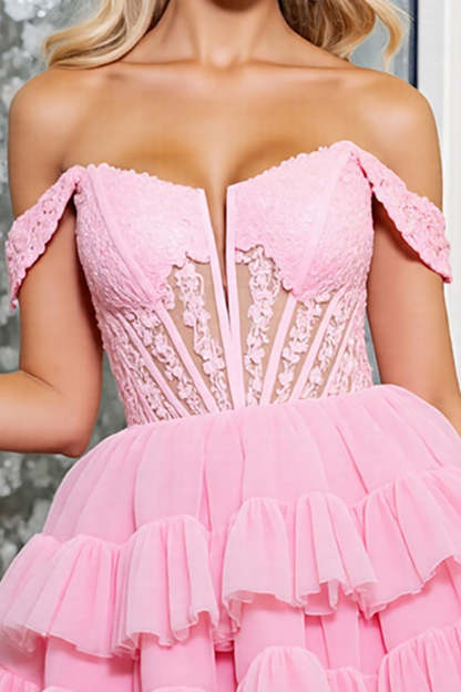 Corset Pink A Line Tulle Mini Homecoming Dress with Appliques