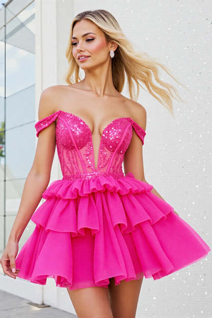 Leely Women Sparkly Fuchsia Corset Organza Short Homecoming Dress with Appliques A Line Tiered Off the Shoulder Backless Birthday Dress