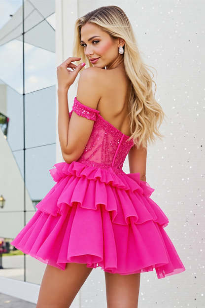 Sparkly Fuchsia Corset A Line Short Organza Homecoming Dress