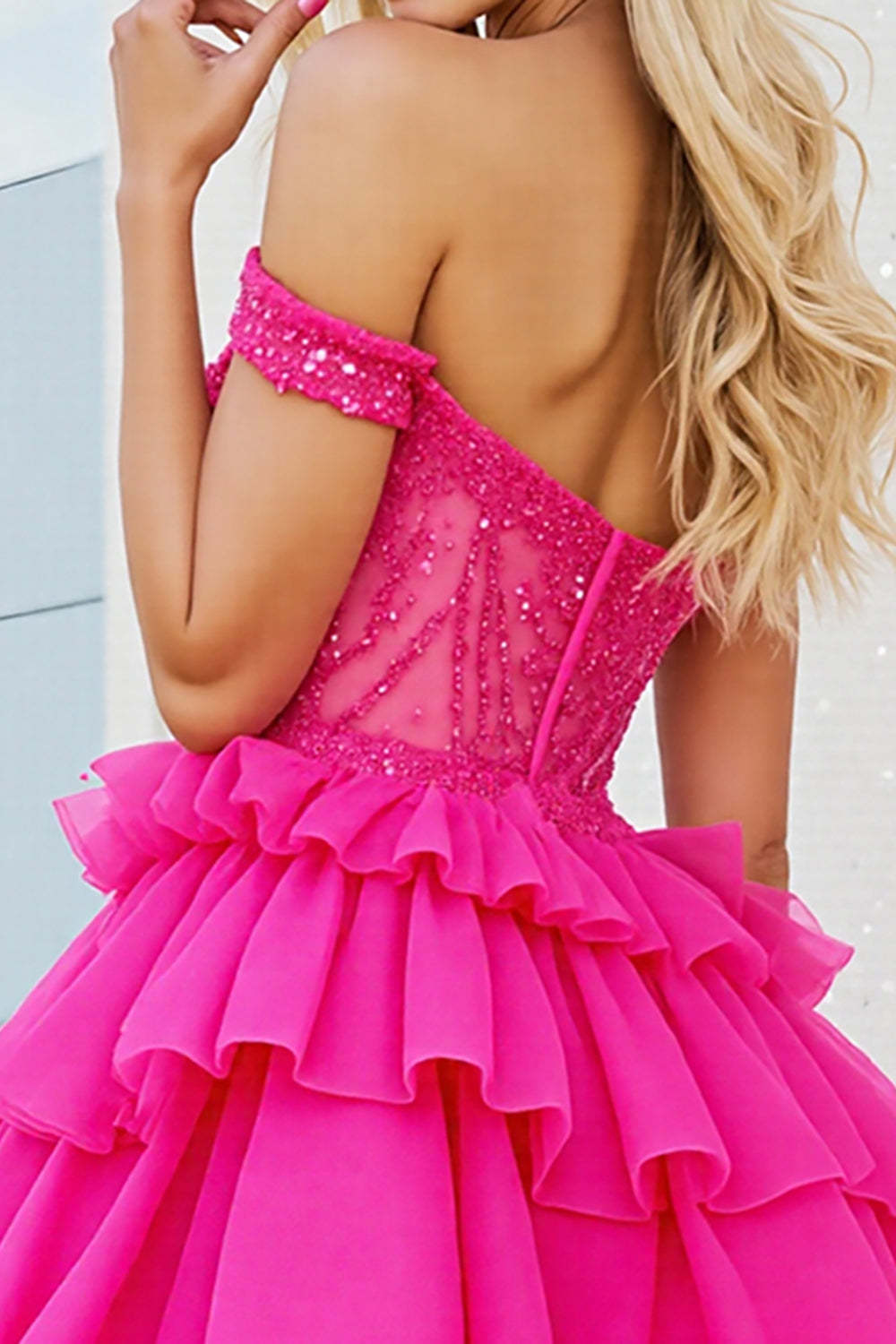 Sparkly Fuchsia Corset A Line Short Organza Homecoming Dress