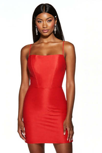 Leely Women Orange Bodycon Satin Short Homecoming Dress Spaghetti Straps Lace-Up Back Party Dress