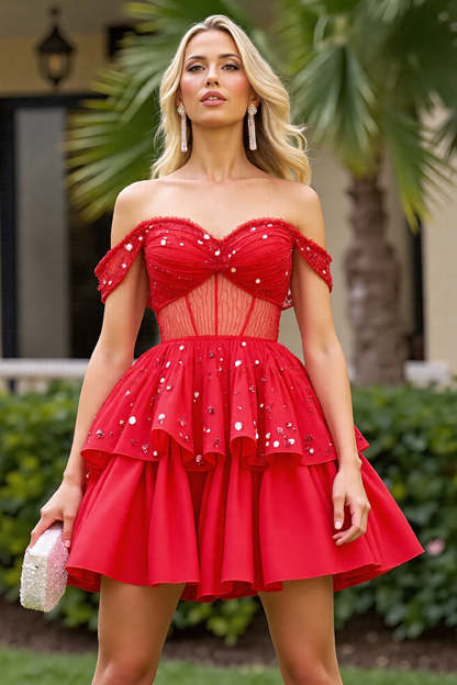 Leely Women Sparkly Red A Line Corset Short Homecoming Dress Tiered Off the Shoulder Ruched Lace-Up Back Party Dress