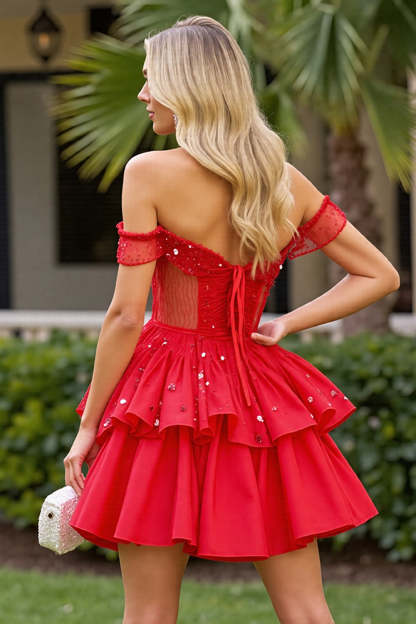 Sparkly Red A Line Off the Shoulder Corset Short Homecoming Dress