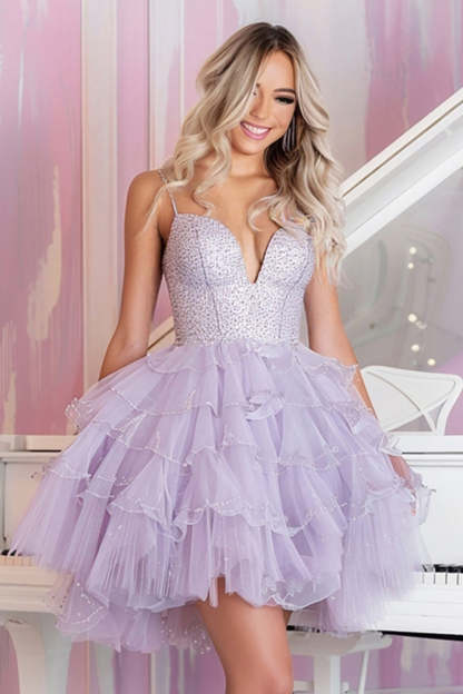 Sparkly Lilac Tulle A Line Short Homecoming Dress
